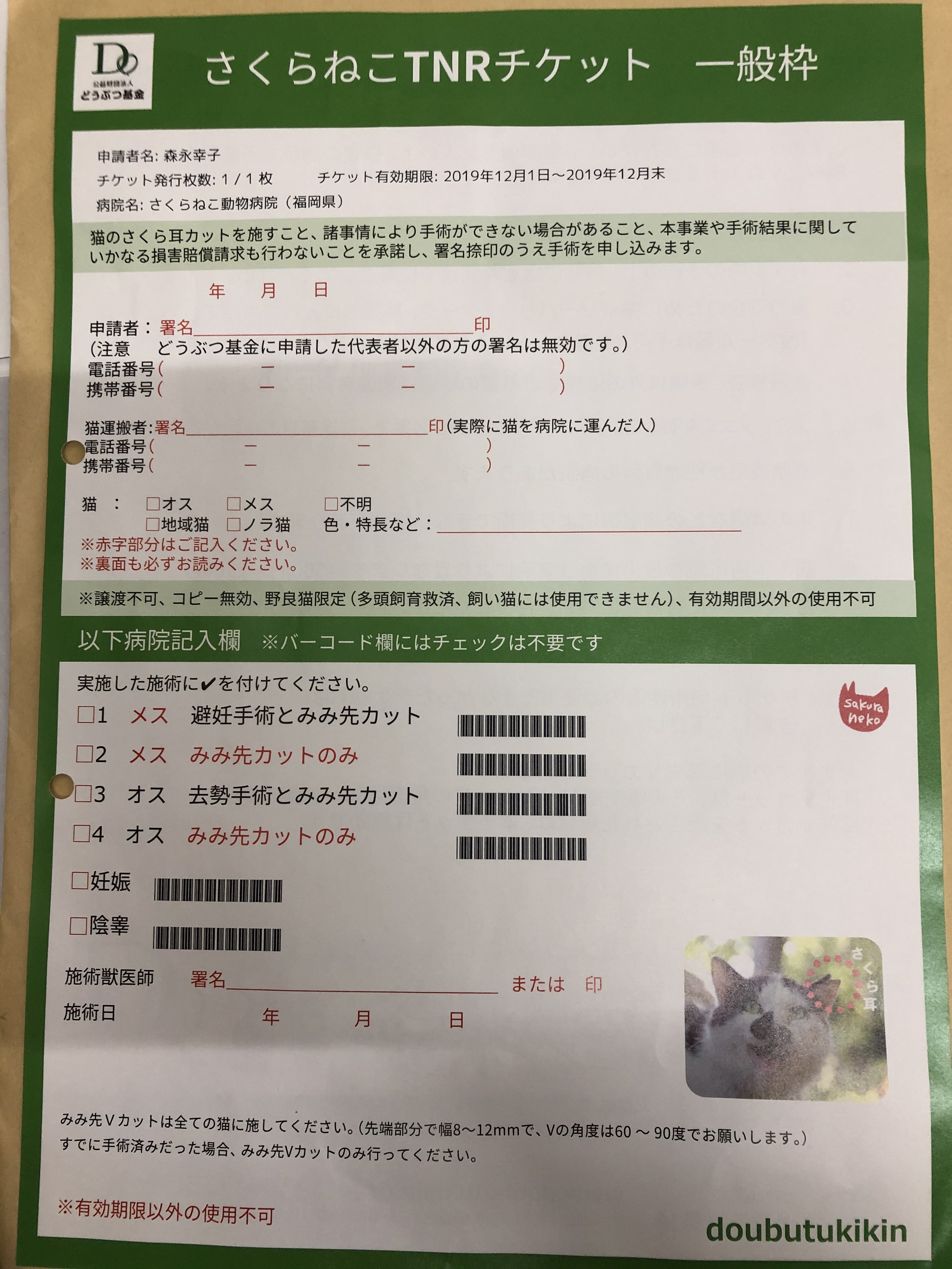 さくらねこ基金不妊手術チケット